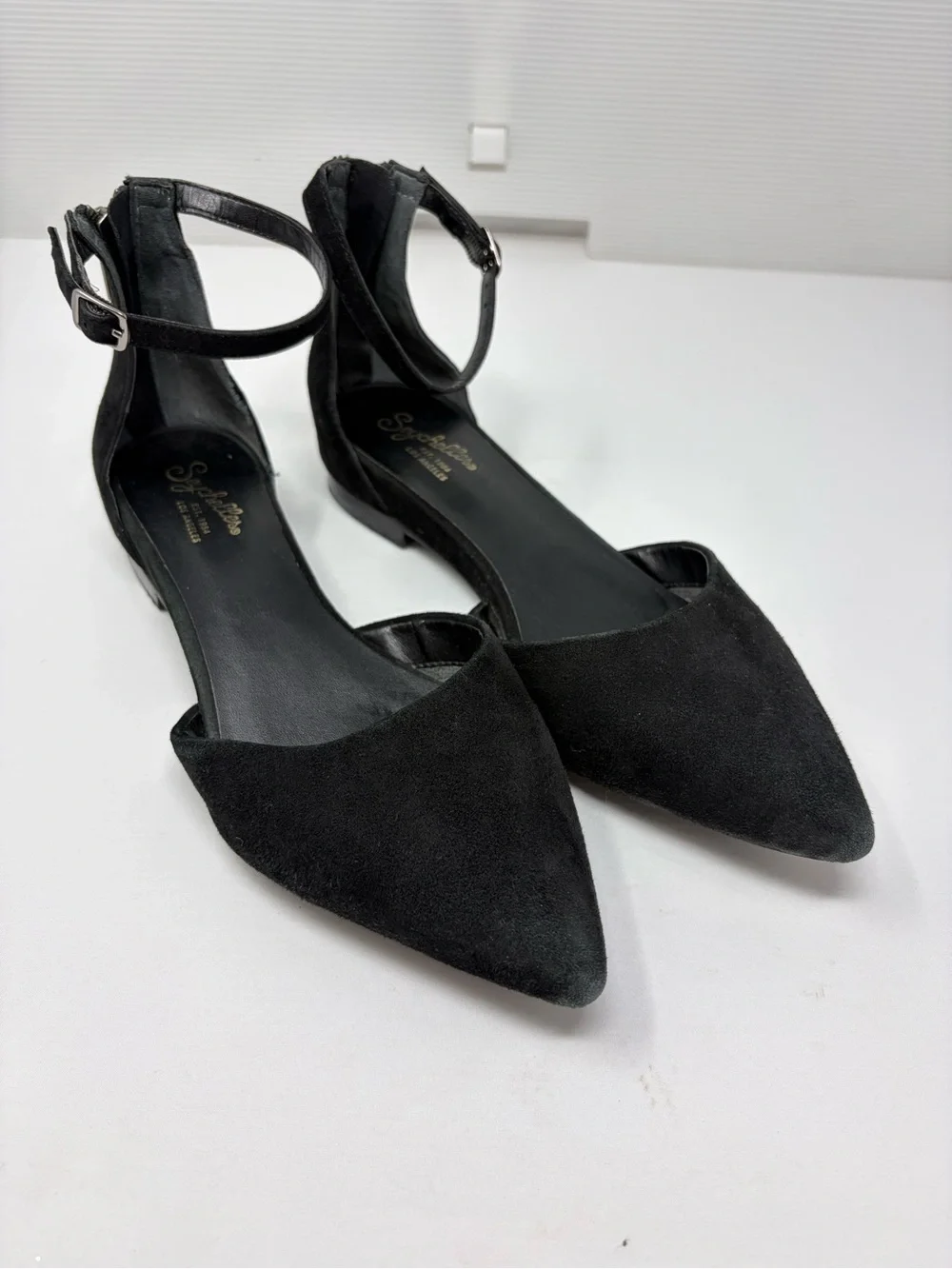 Seychelles Plateau d'Orsay Flats Black Suede Leather 9.5 Ankle Strap Pointy Toe